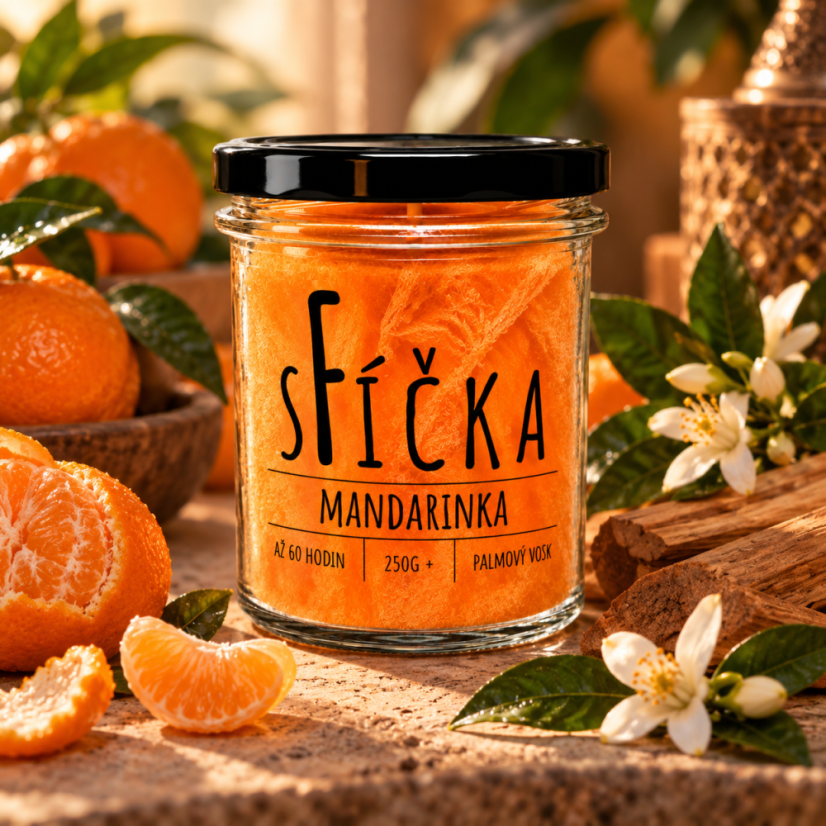 Vonná svíčka sFíčka Mandarinka ve sklenici s černým víčkem