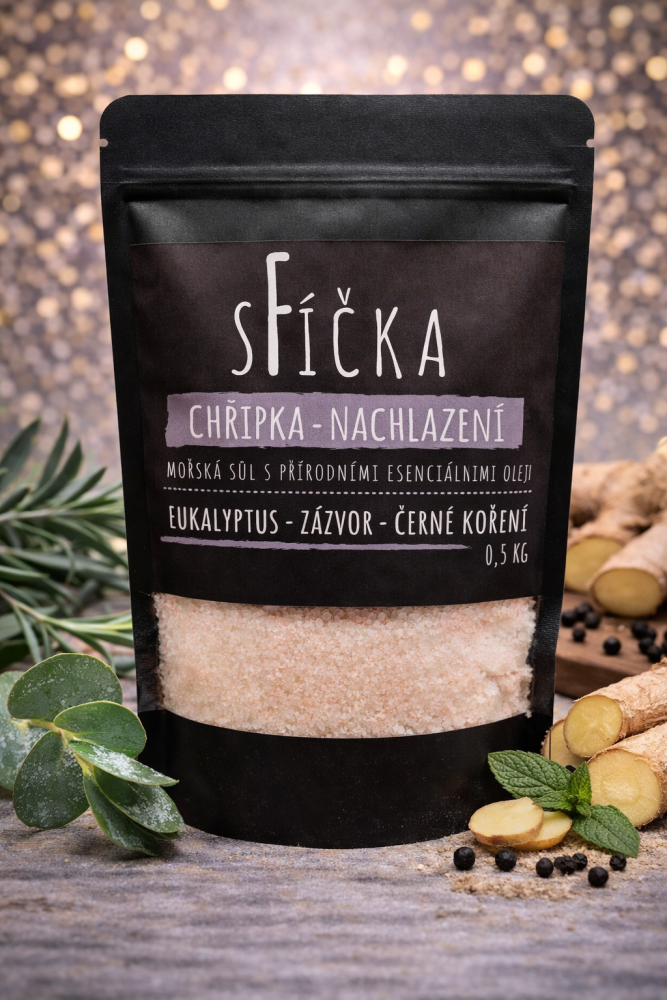Mořská sůl s esenciálními oleji Eukalyptus, Zázvor a Černé koření