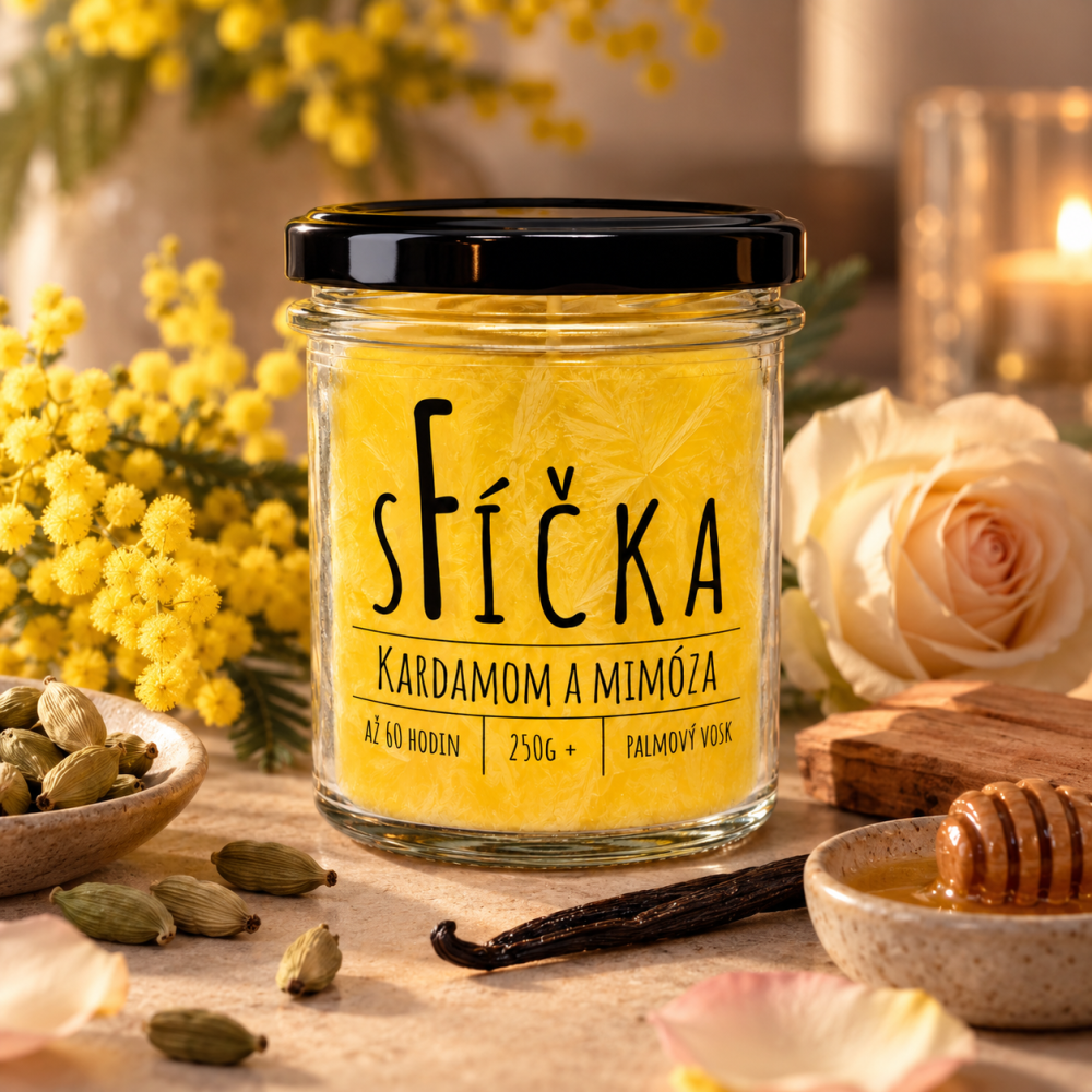 Vonná svíčka sFíčka Kardamom a mimóza ve sklenici s černým víčkem